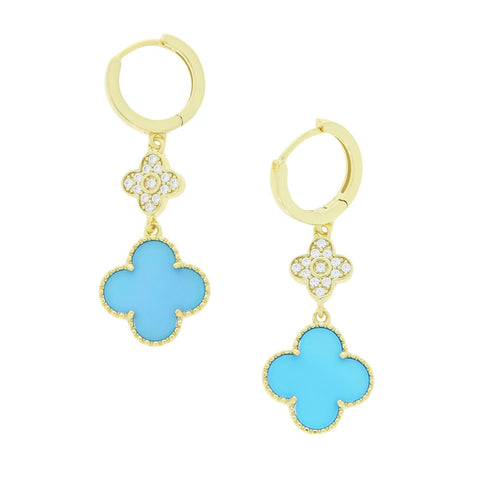 Four Leaf Clover Gold Plated Blue Stone Huggie Earrings GVL068
