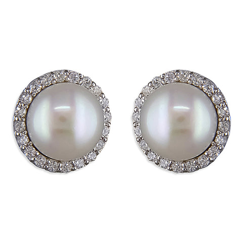 Sterling Silver Cubic Zirconia Halo Pearl Ladies Stud Earrings | H&H
