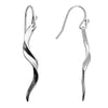 A pair of polished silver drop earrings with a wavy, organic spiral design, shown from two angles on a plain white background.