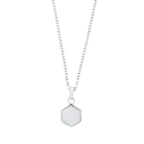 Unique & Co Silver Mother of Pearl Hexagon Pendant and Chain MK-890