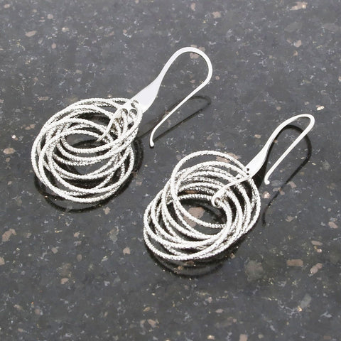 Sterling Silver Diamond Cut Multi Ring Spiral Ladies Drop Earrings