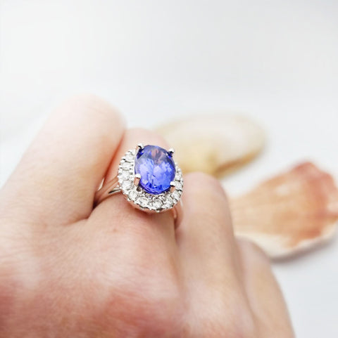 14ct White Gold 3.98cts Tanzanite and Diamond Cluster Ring