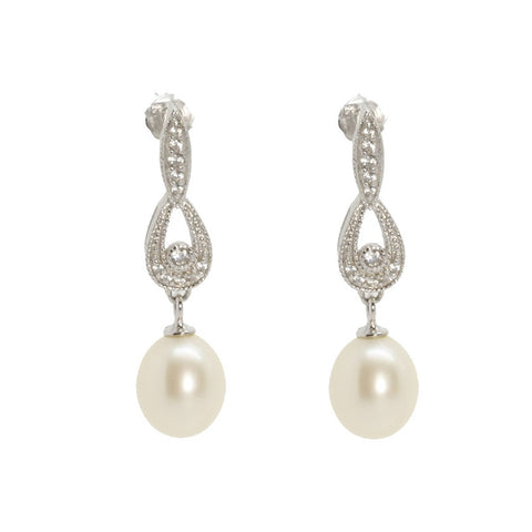 Lido Pearls White Freshwater Pearl Silver CZ Drop Earrings C53E