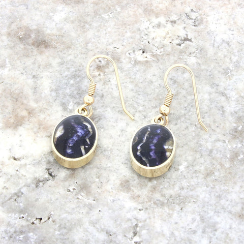 Blue John and Jet 9ct Yellow Gold Oval Reversible Drop Earrings  | H&H