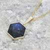 Derbyshire Blue John and Labradorite 9ct Yellow Gold Hexaganol Reversible Pendant