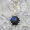 Derbyshire Blue John and Labradorite 9ct Yellow Gold Hexaganol Reversible Pendant