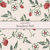 Floral pattern inspired by 'Strawberry Field' with red flowers and green leaves on a beige background.