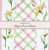 Megan Picnic Weave pattern with pink and green plaid and floral elements on a white background.