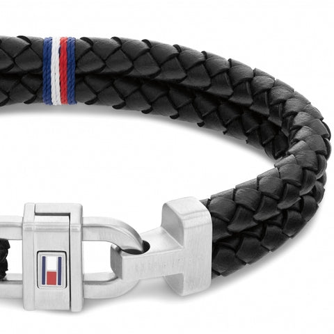 Tommy Hilfiger Mens Black Braided Double Layer Leather Bracelet 2790361