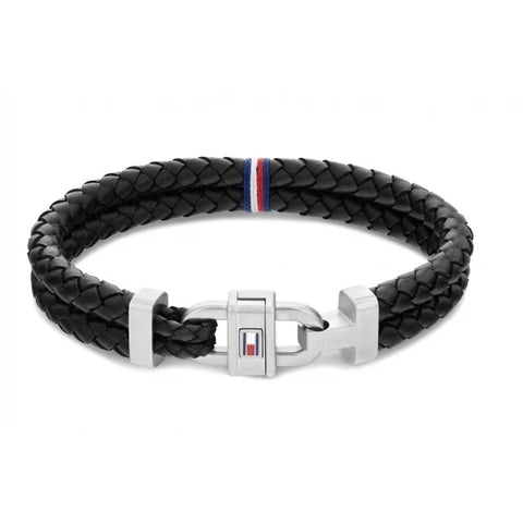 Tommy Hilfiger Mens Black Braided Double Layer Leather Bracelet 2790361