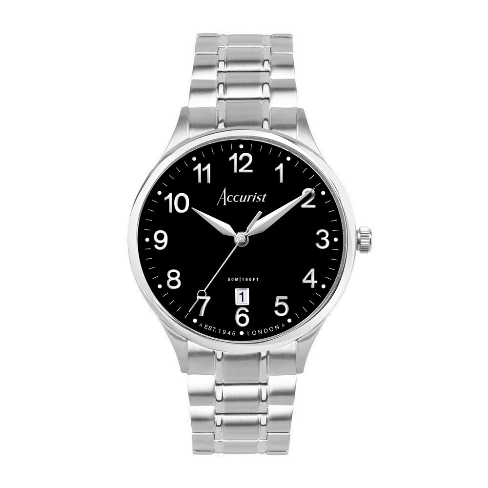 Accurist Classic Mens Watch 73002 Stainless Steel with Black Dial H H Hollins and Hollinshead