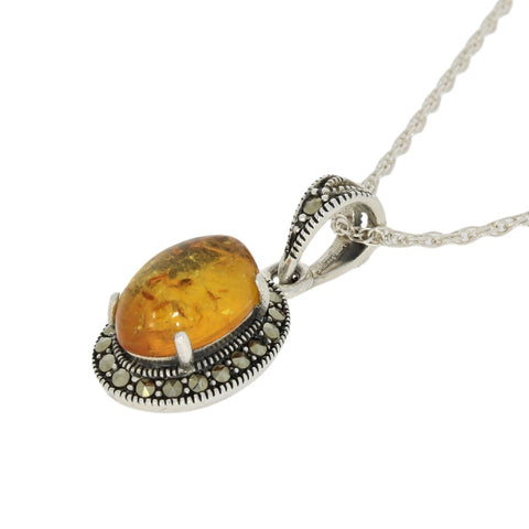 Amber and Marcasite Sterling Silver Oval Pendant and Chain | H&H