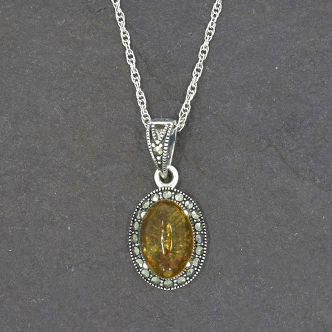 Amber and Marcasite Sterling Silver Oval Pendant and Chain | H&H