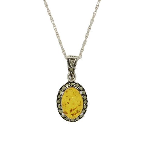 Amber and Marcasite Sterling Silver Oval Pendant and Chain | H&H