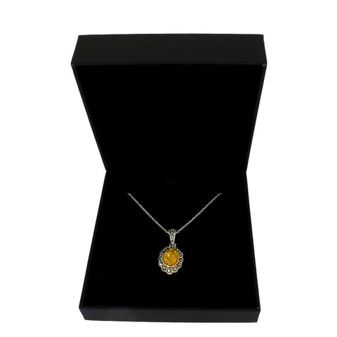 Amber & Marcasite Sterling Silver Oval Pendant and Chain | H&H