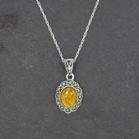 Amber & Marcasite Sterling Silver Oval Pendant and Chain | H&H