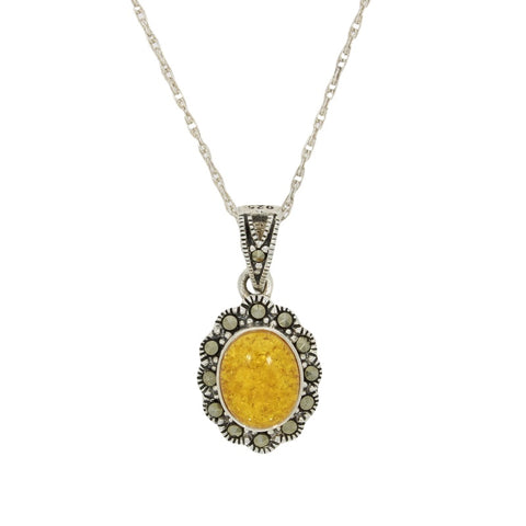 Amber & Marcasite Sterling Silver Oval Pendant and Chain | H&H