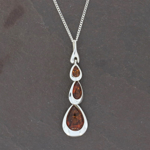 Amber Sterling Silver Triple Drop Pendant & Chain | H&H