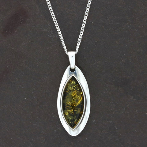 Green Amber Sterling Silver Marquise Pendant and Chain | H&H