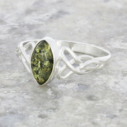 Green Amber Sterling Silver Celtic Ring