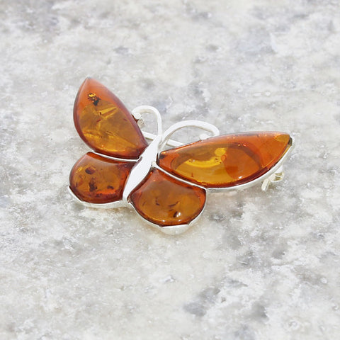 Amber Sterling Silver Butterfly Brooch