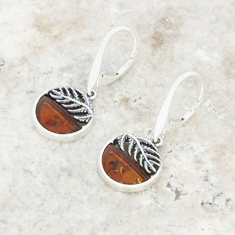 Amber Sterling Silver Round Leaf Drop Earrings