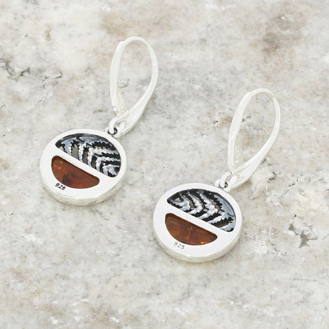 Amber Sterling Silver Round Leaf Drop Earrings