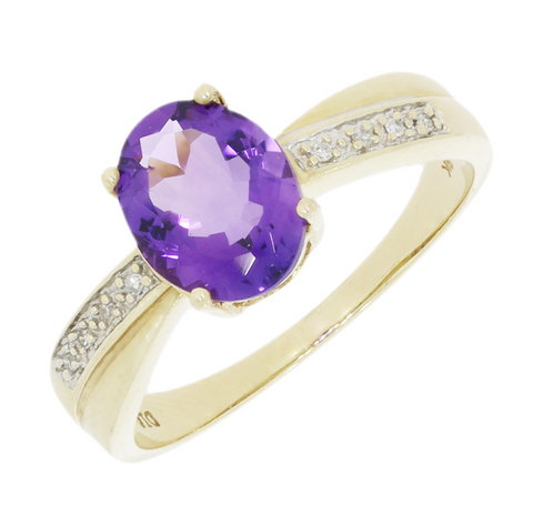 Pre Owned 9ct Yellow Gold Amethyst and Diamond Ring