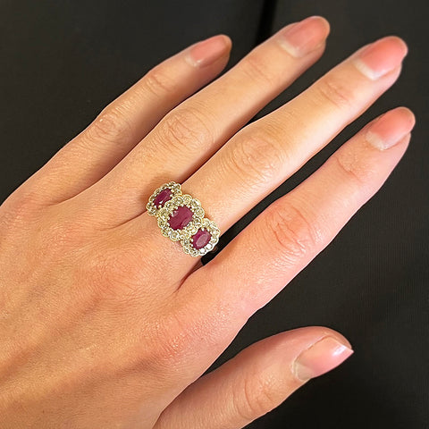 Pre Owned 9ct Yellow Gold Ruby and Diamond Triple Cluster Ring