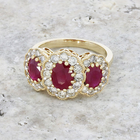 Pre Owned 9ct Yellow Gold Ruby and Diamond Triple Cluster Ring