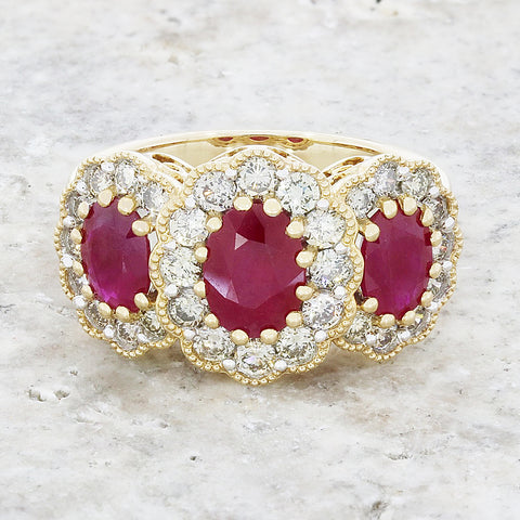 Pre Owned 9ct Yellow Gold Ruby and Diamond Triple Cluster Ring