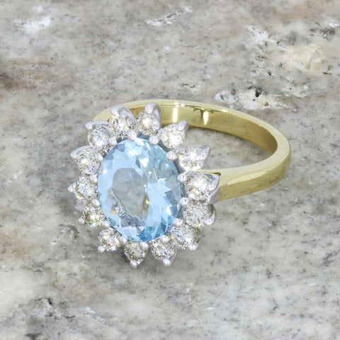 14ct Yellow Gold 2.45ct Aquamarine Diamond Cluster Ring | H&H Jewellers