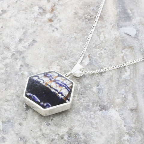 Derbyshire Blue John and Labradorite Hexagonal Sterling Silver Pendant And Chain