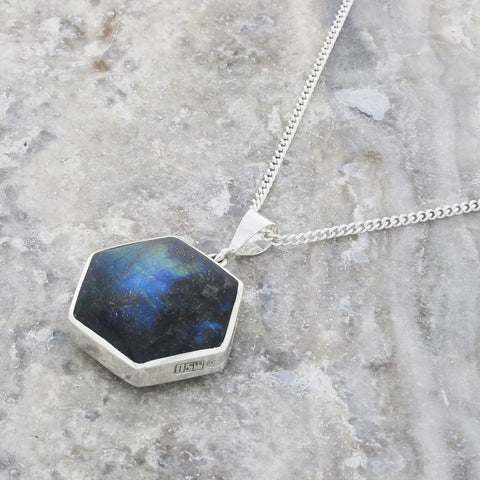 Derbyshire Blue John and Labradorite Hexagonal Sterling Silver Pendant And Chain