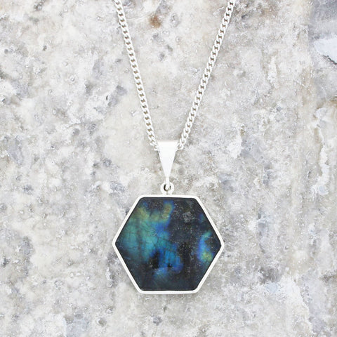 Derbyshire Blue John and Labradorite Hexagonal Sterling Silver Pendant And Chain