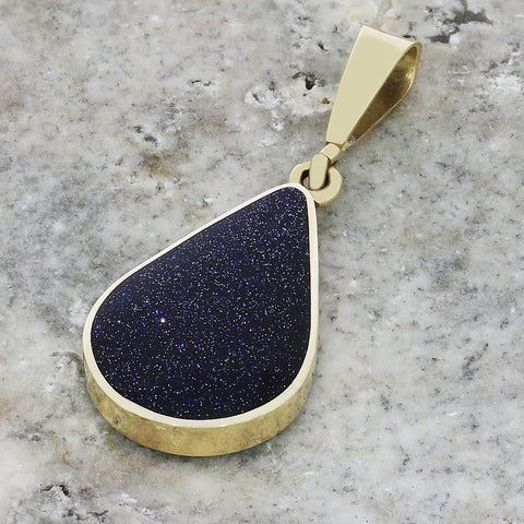 Blue Goldstone and Jet 9ct Yellow Gold Pear Shape Pendant Necklace