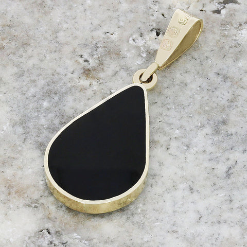 Blue Goldstone and Jet 9ct Yellow Gold Pear Shape Pendant Necklace