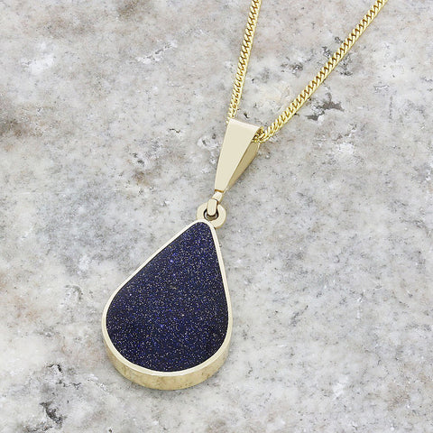 Blue Goldstone and Jet 9ct Yellow Gold Pear Shape Pendant Necklace