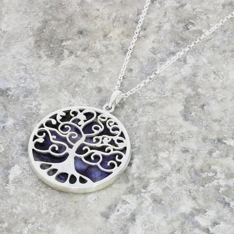 Derbyshire Blue John Silver Tree of Life Large Round Pendant And Chain