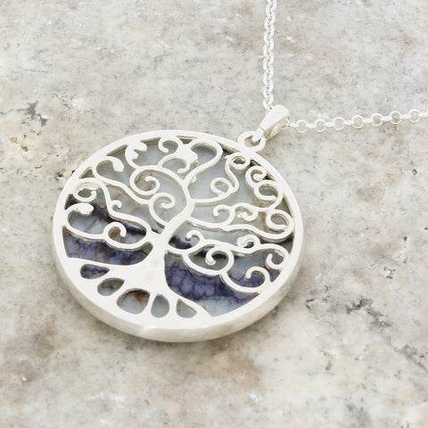 Derbyshire Blue John Silver Tree of Life Large Round Pendant and Chain