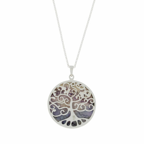 Derbyshire Blue John Silver Tree of Life Large Round Pendant and Chain