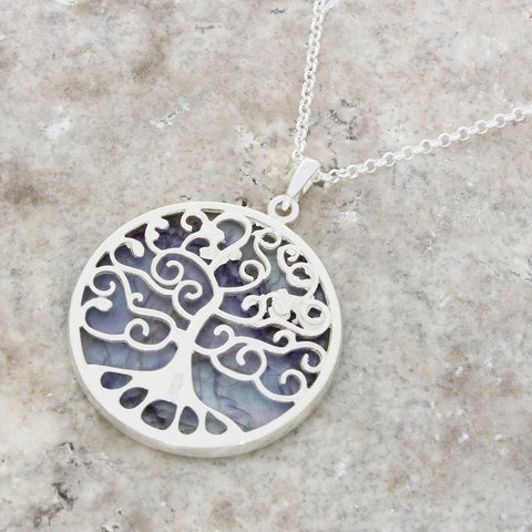 Derbyshire Blue John Silver Tree of Life Large Round Pendant and Chain