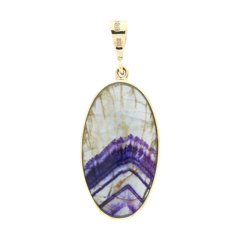 Derbyshire Blue John and Labradorite 9ct Yellow Gold Large Oval Pendant Necklace