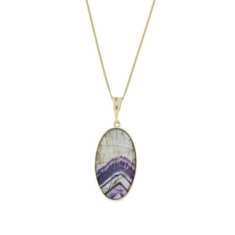 Derbyshire Blue John and Labradorite 9ct Yellow Gold Large Oval Pendant Necklace