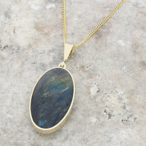 Derbyshire Blue John and Labradorite 9ct Yellow Gold Large Oval Pendant Necklace