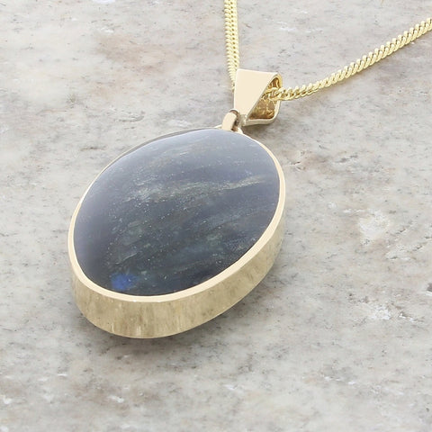 Derbyshire Blue John and Labradorite 9ct Yellow Gold Large Oval Pendant Necklace