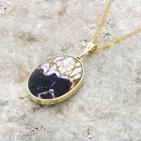 Derbyshire Blue John and Labradorite 9ct Yellow Gold Large Oval Pendant Necklace
