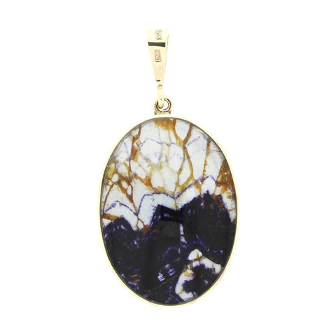 Derbyshire Blue John and Labradorite 9ct Yellow Gold Large Oval Pendant Necklace