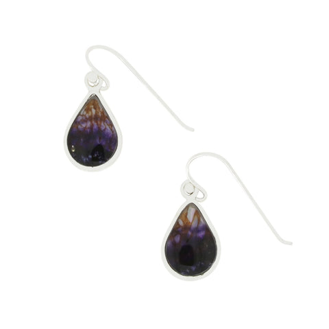 Derbyshire Blue John and Whitby Jet Sterling Silver Pear Shape Drop Earrings
