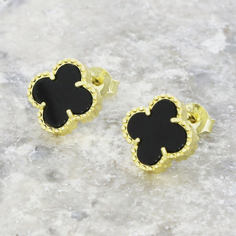 Four Leaf Clover Black Stone Stud Earrings GVL030